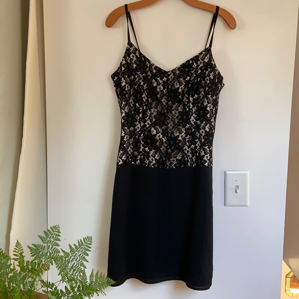 Black and ivory beaded lace party dress